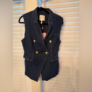 Avec Les Filles Dark Indigo Double-Breasted Denim Vest with Gold Buttons